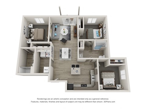 Floor plan for 3 beds, 2 baths, 1154 sqft